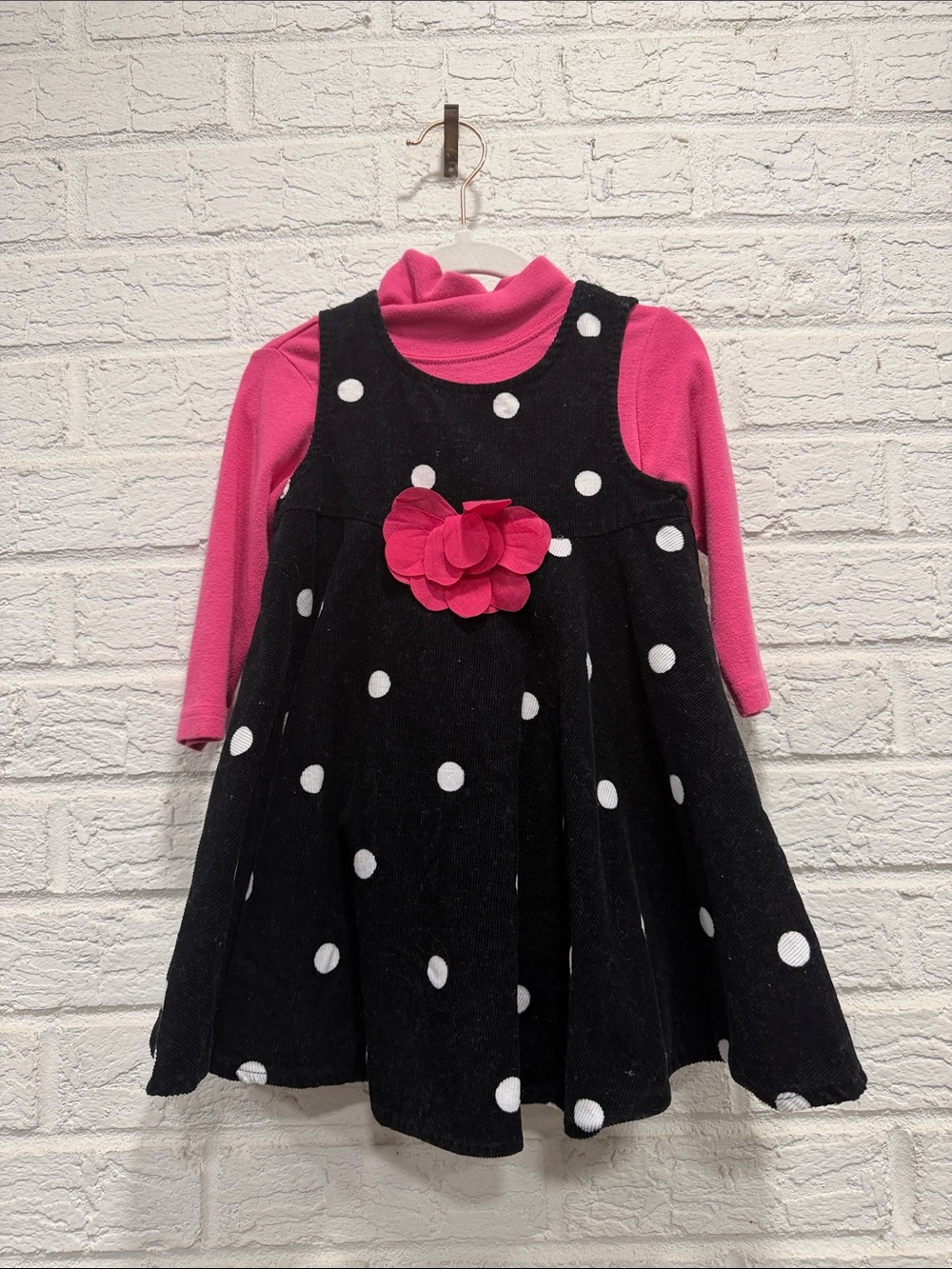 Bonnie baby two piece outfit, hot pink black-and-white polkadots